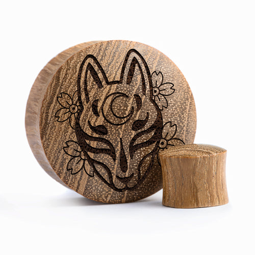 Kitsune Fox Mask Plug / Gauge - Teak Wood | Convex Double Flare