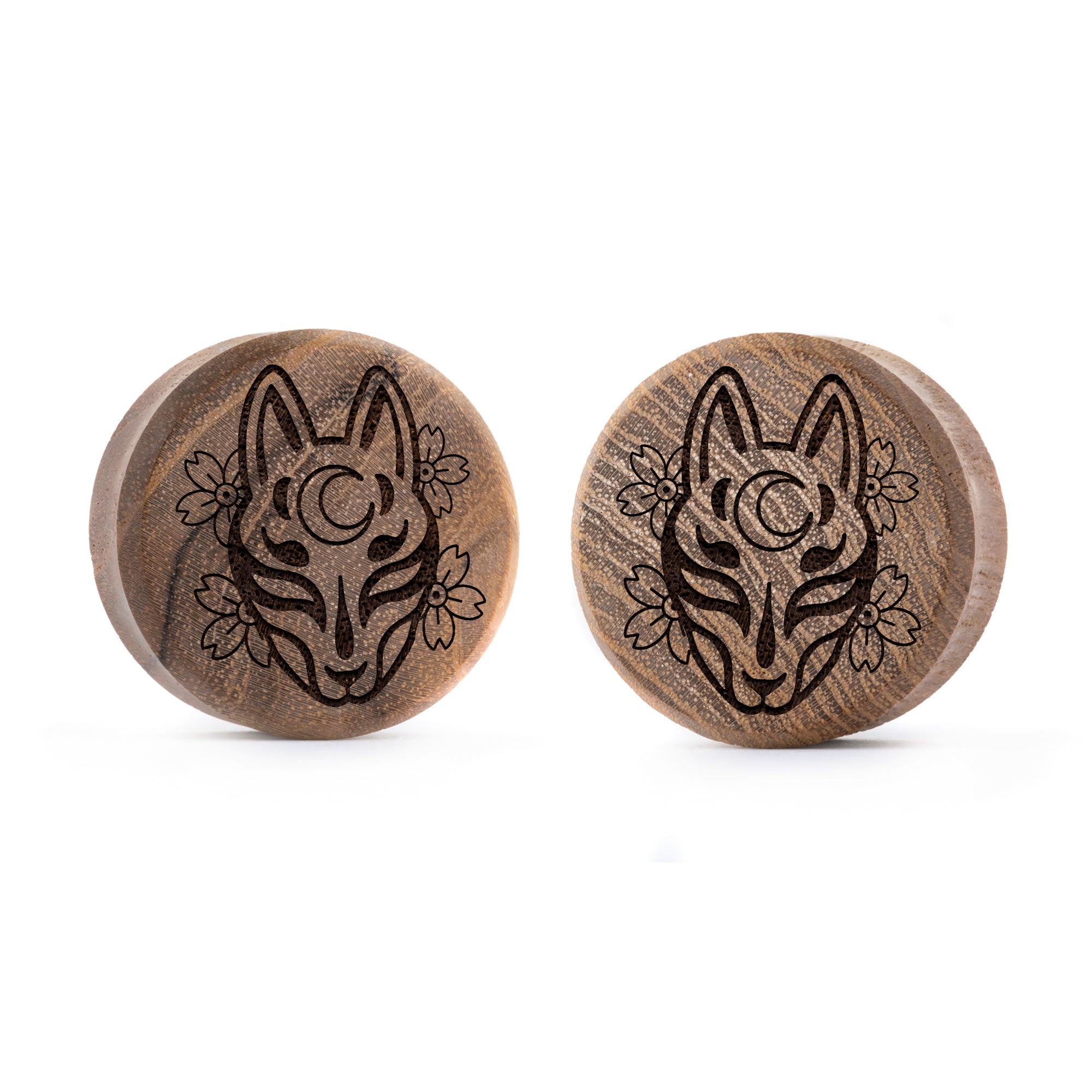 Kitsune Fox Mask Plug / Gauge - Teakholz | Doppelaufgeweitet mit flachem Gesicht