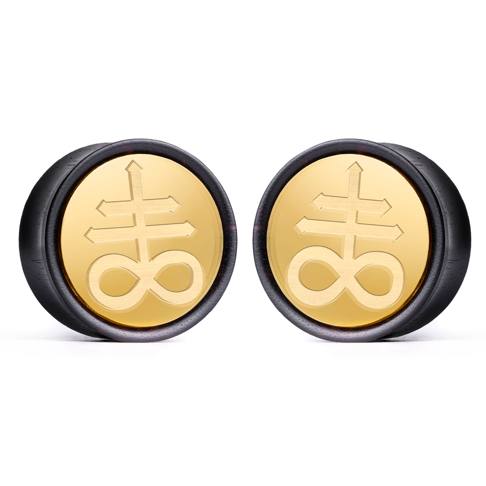 Leviathan Cross Plug / Gauge - Gold Inlay Ebony Wood | Convex Double Flare - Lasered To Order In House At Custom Plugs HQ