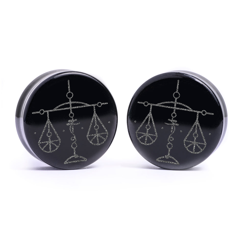 Libra Tierkreis plug / gauge - Schwarzes Glas | Doppelaufgeweitet mit flachem Gesicht
