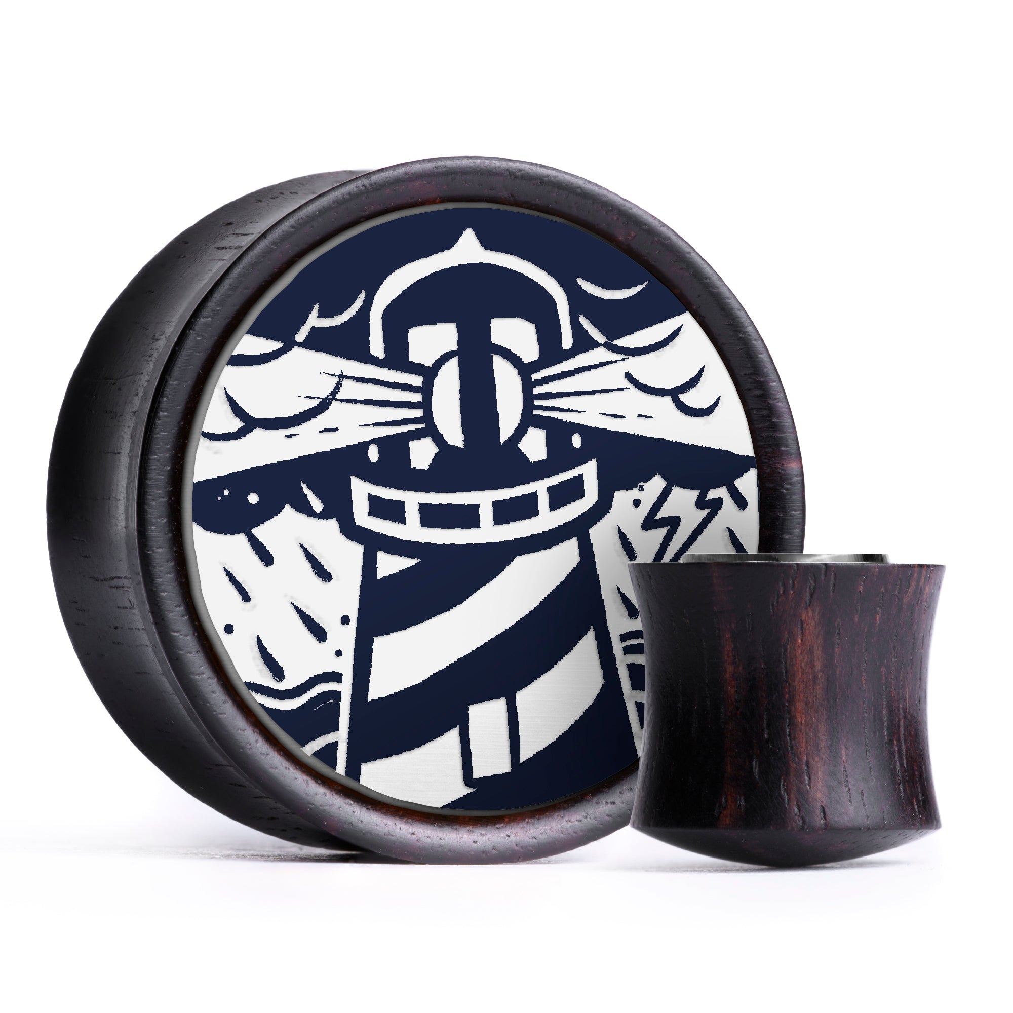 Lighthouse Plug / Gauge - Blue & White Inlay Ebony Wood | Convex Double Flare