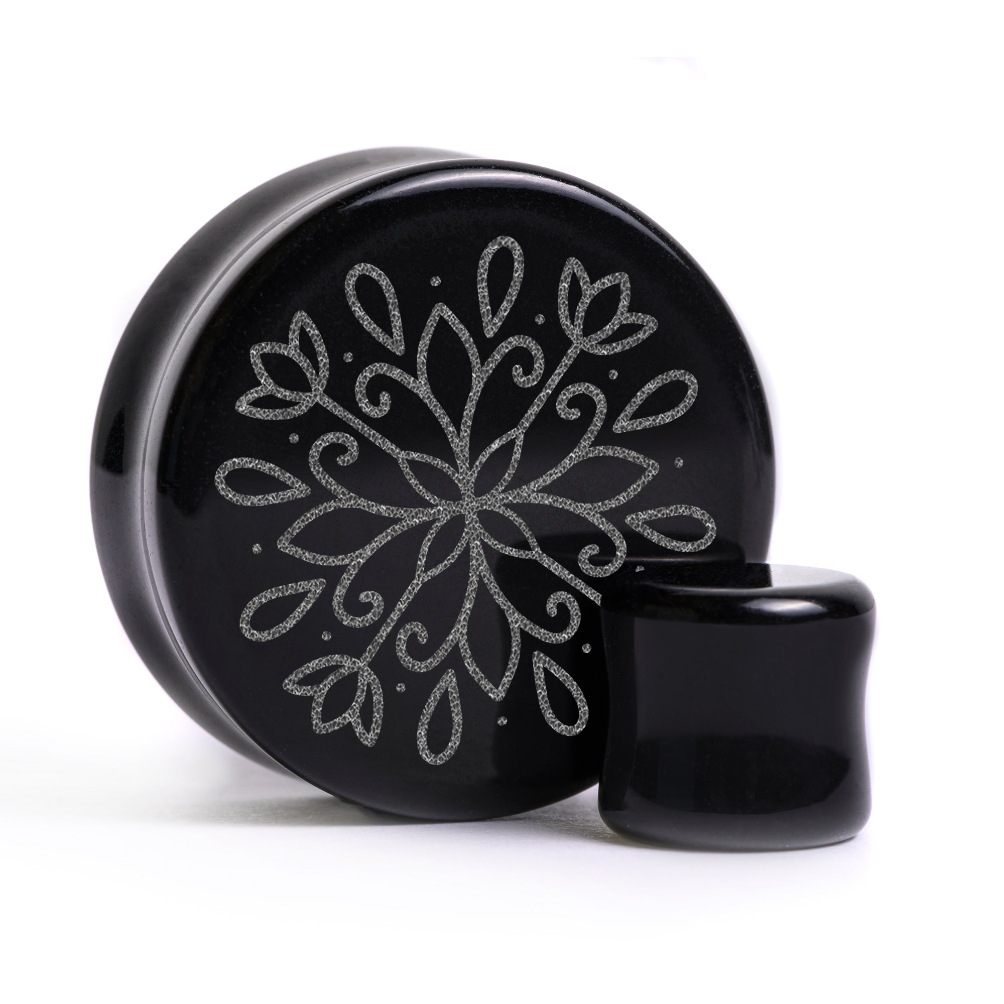 Linework Mandala Ornamental Tattoo Plug / Gauge - Black Glass | Flat Faced Double Flare