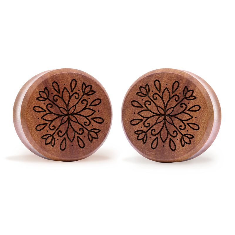 Plug / Gauge Mandala tatouage ornemental au trait - Bois de Saba | Face plate double évasé