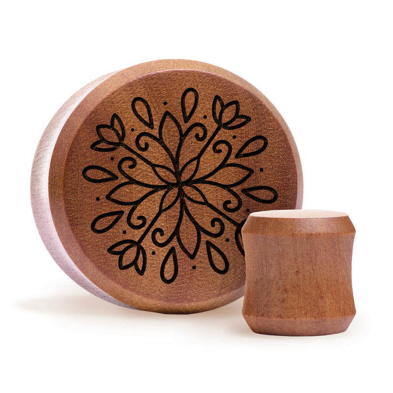 Plug / Gauge Mandala tatouage ornemental au trait - Bois de Saba | Face plate double évasé