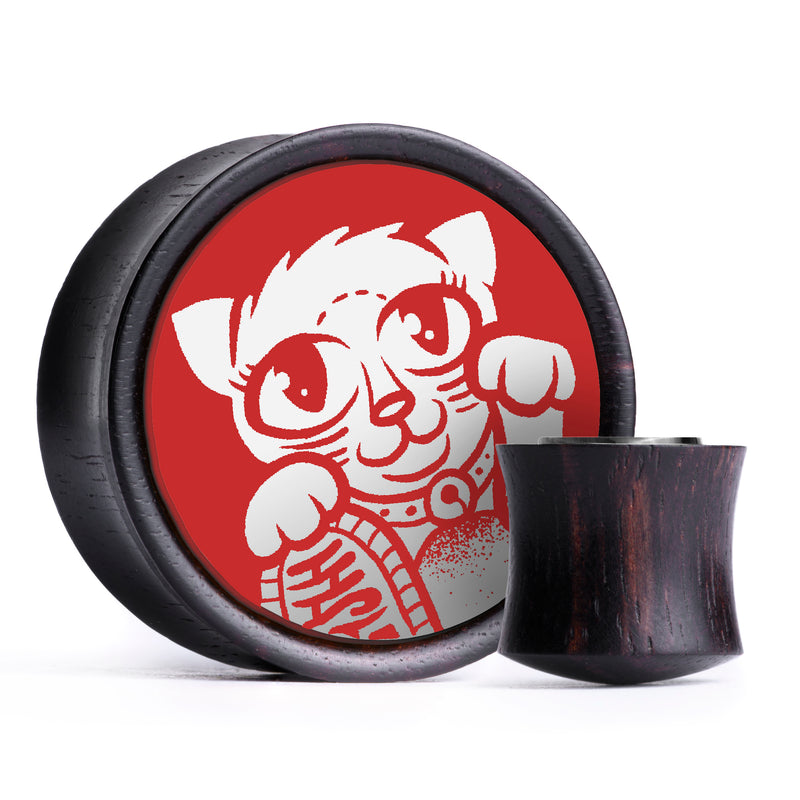 Plug / Gauge Chat porte-bonheur - Bois d'ébène incrusté rouge & blanc | Convexe double évasé