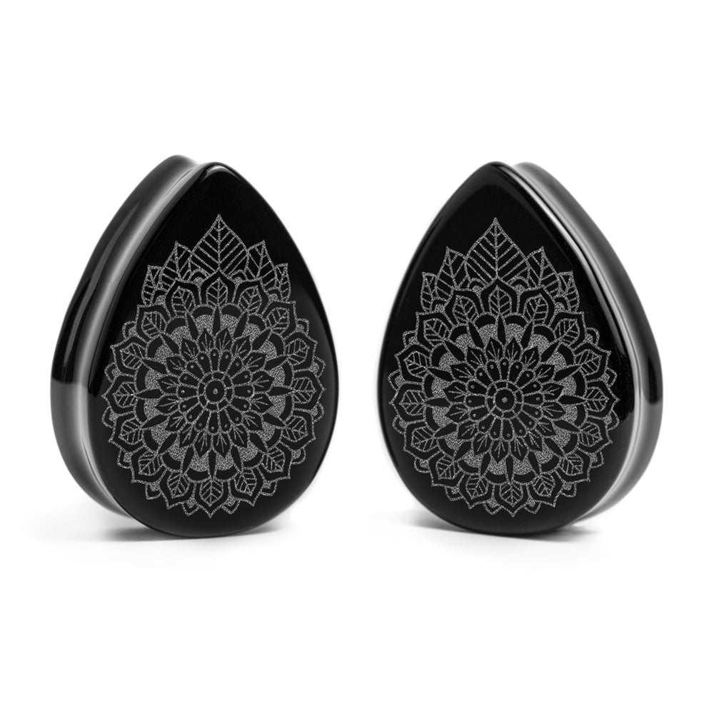 Mandala Plug / Gauge - Teardrop Black Glass | Flat Faced Double Flare - Lasered To Order In House At Custom Plugs HQ