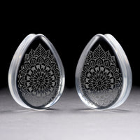 Mandala Plug / Gauge - Goutte en verre transparent | Double flare à face plate