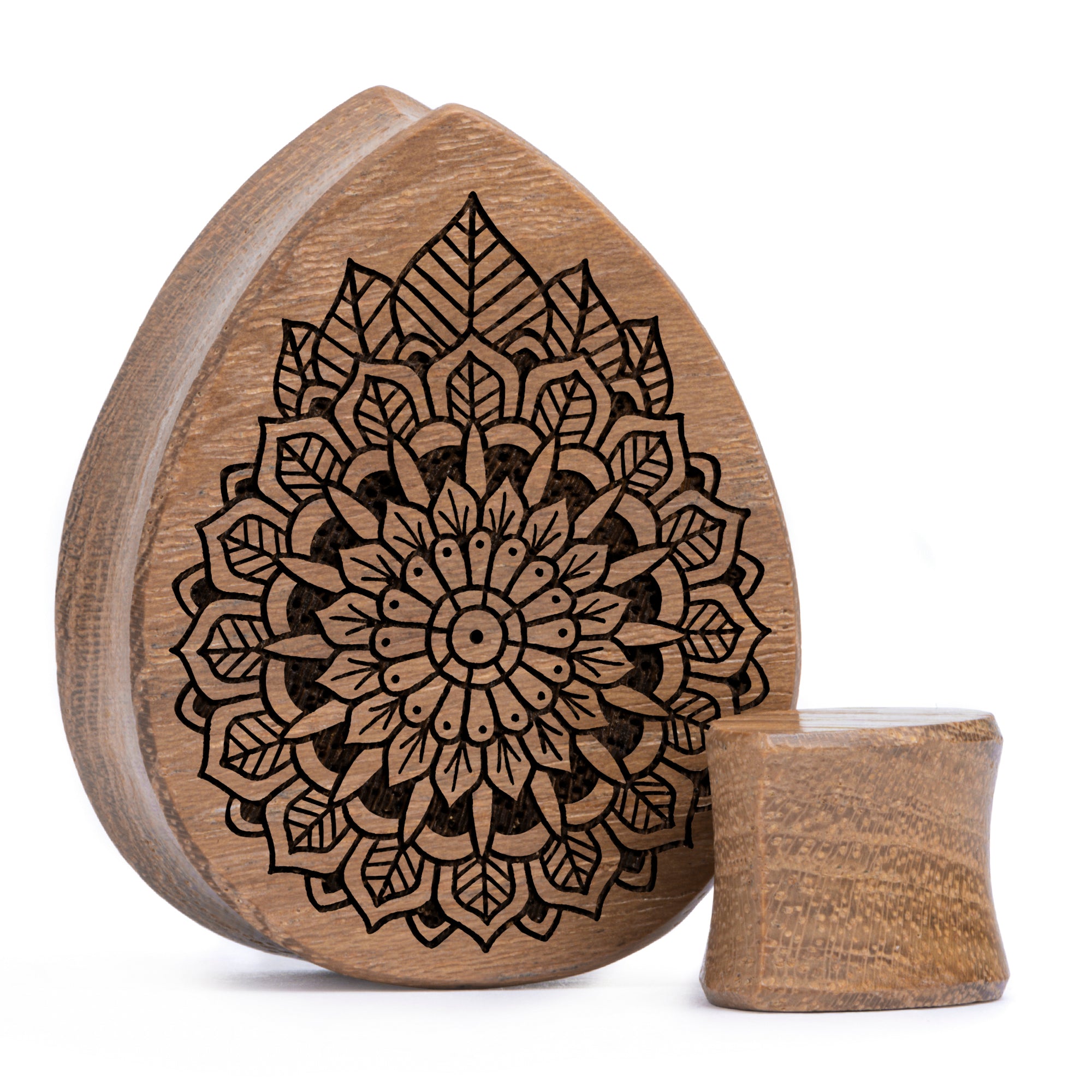 Mandala Plug / Gauge - Teardrop Teak Wood | Flat Faced Double Flare