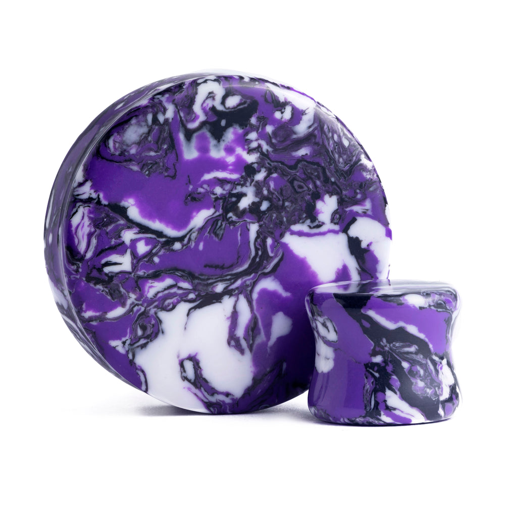 Marble White & Purple Stone Plug / Gauge - Double Flared Synthetic Stone Plugs in 8mm (0g) - 30mm (1.18")