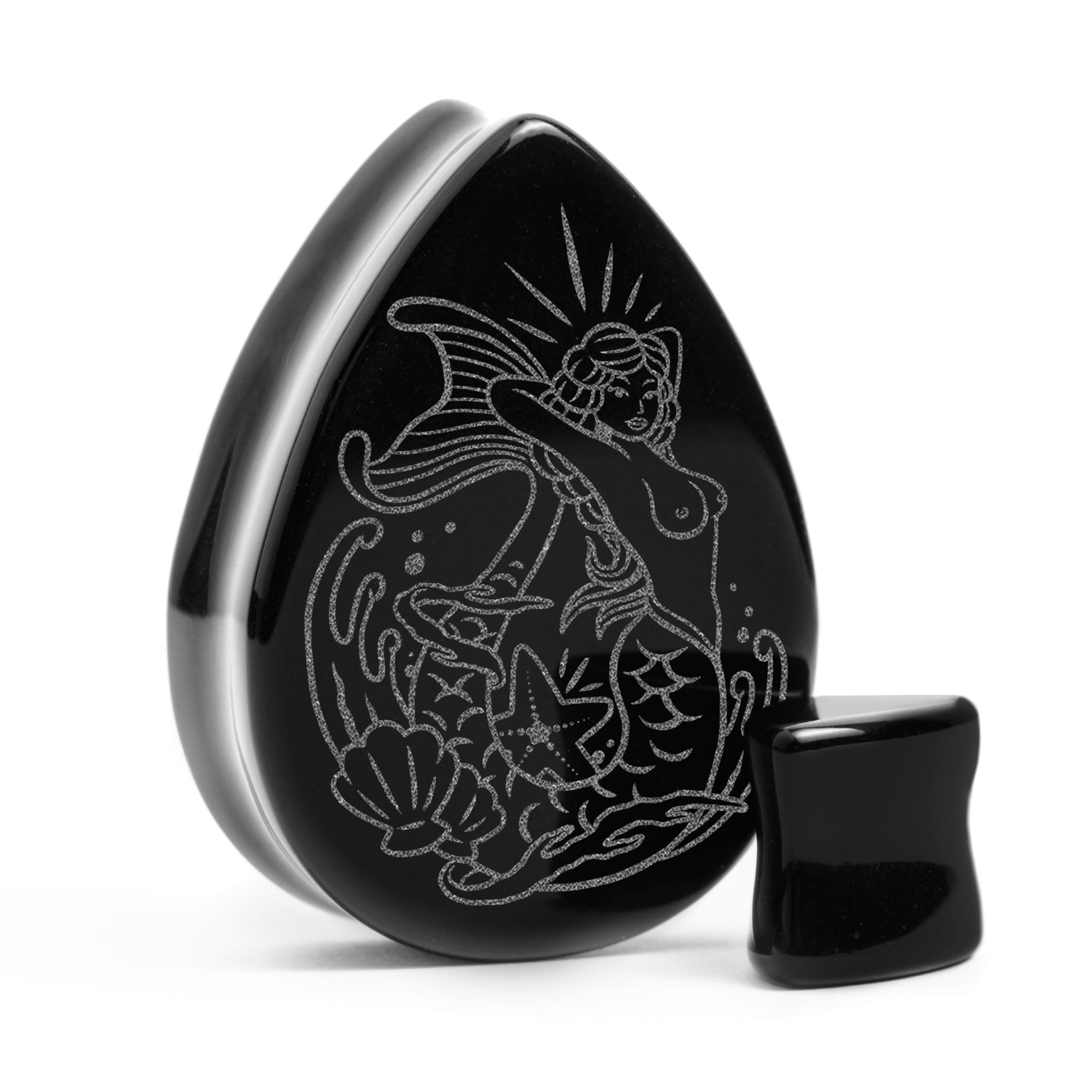 Mermaid Plug / Gauge - Teardrop Black Glass | Flat Faced Double Flare