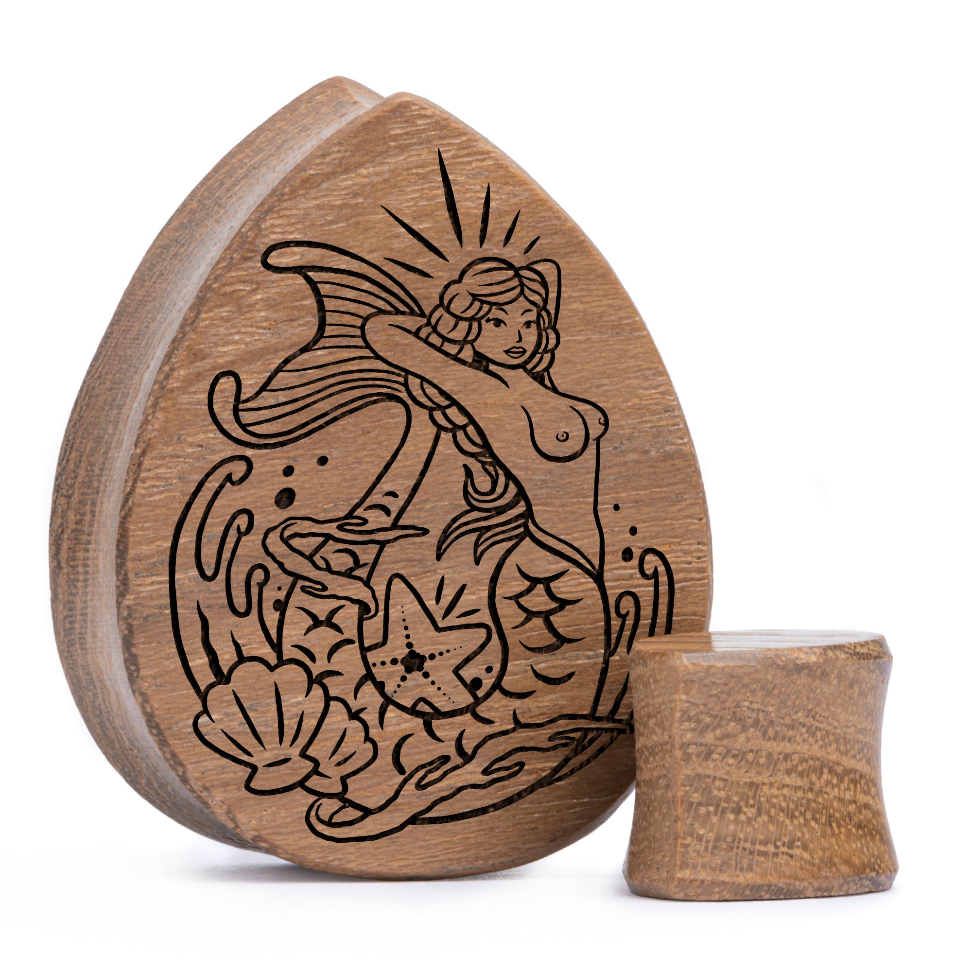 Mermaid Plug / Gauge - Teardrop Teak Wood | Flat Faced Double Flare