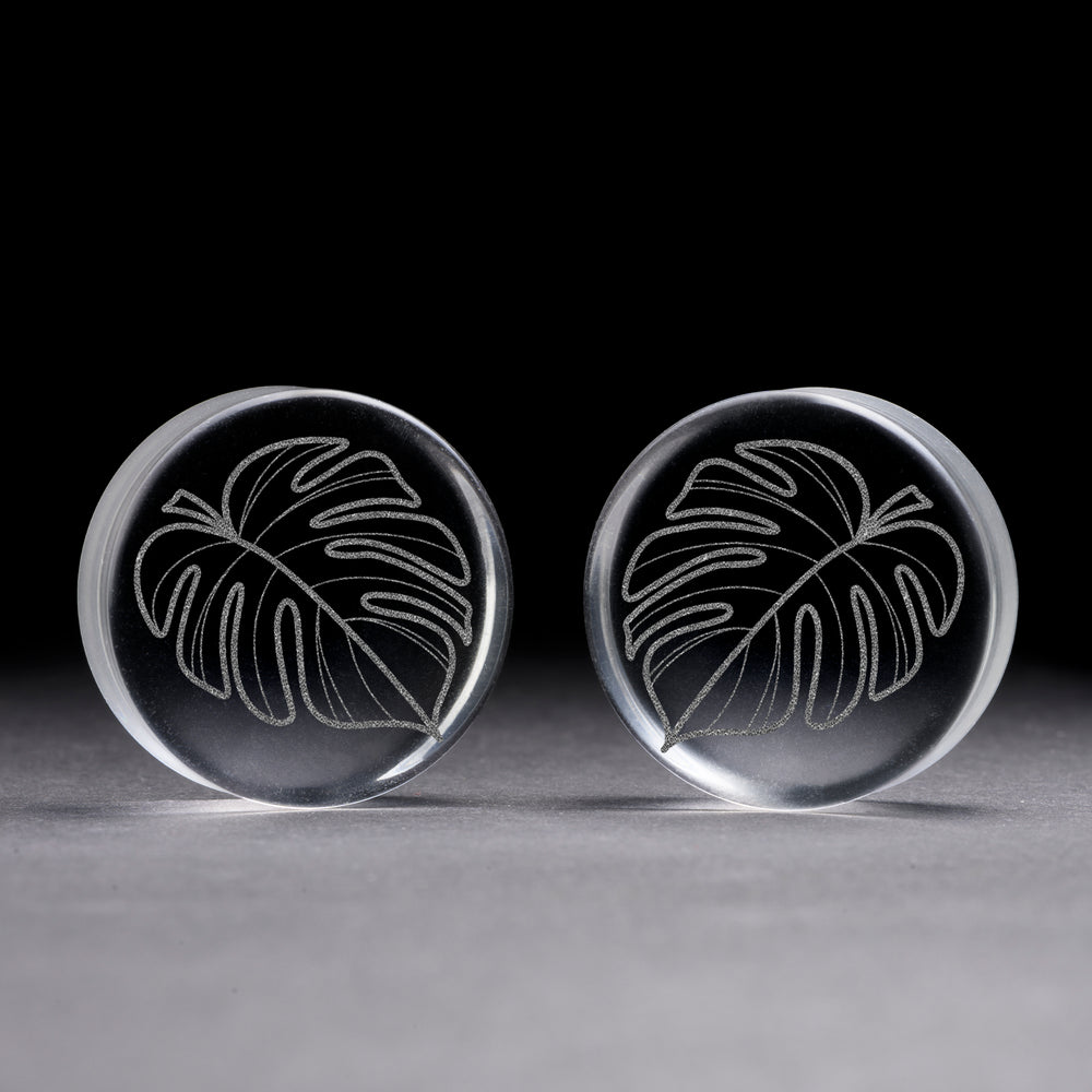 Monstera Plug / Gauge - Clear Glass | Flat Faced Double Flare - Lasered To Order In House At Custom Plugs HQ