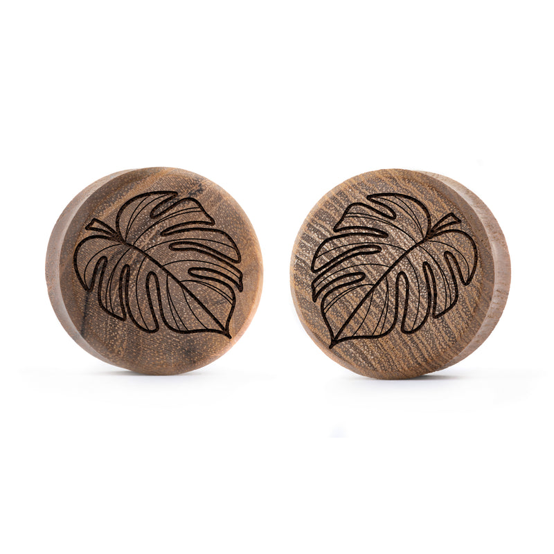 Plug / Gauge Monstera - Bois de teck | Face plate double évasé