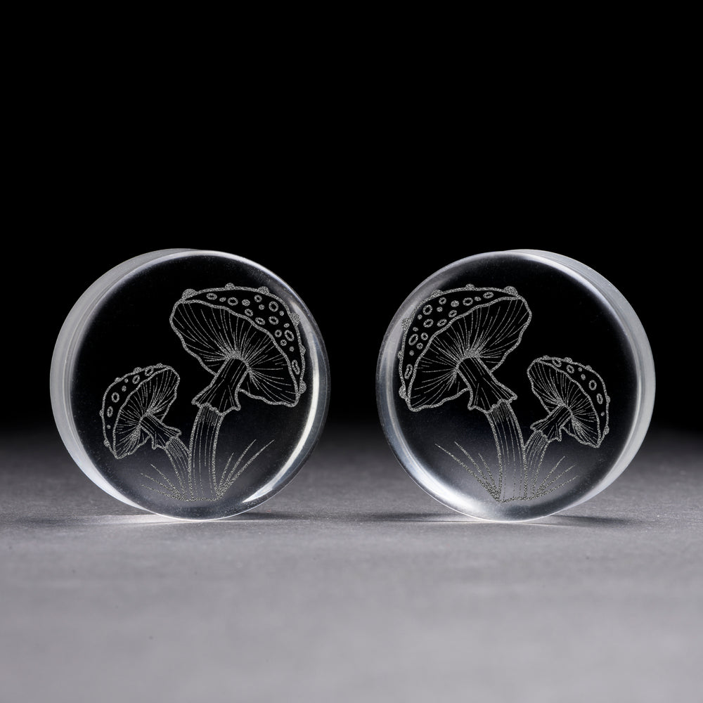 Mushroom Plug / Gauge - Clear Glass | Flat Faced Double Flare - Lasered To Order In House At Custom Plugs HQ