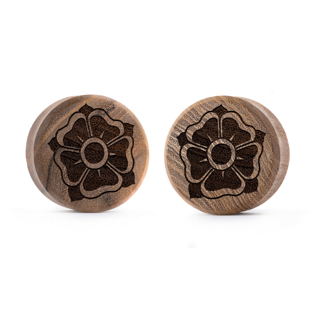 Old School Flower Plug / Gauge - Teak Wood | Flat Faced Double Flare - Lasered To Order In House At Custom Plugs HQ
