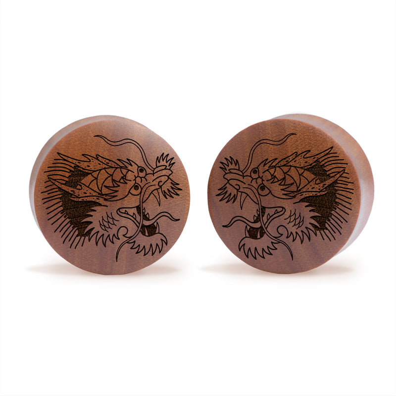 Plug / Gauge Dragon oriental - Bois de Saba | Convexe double évasé