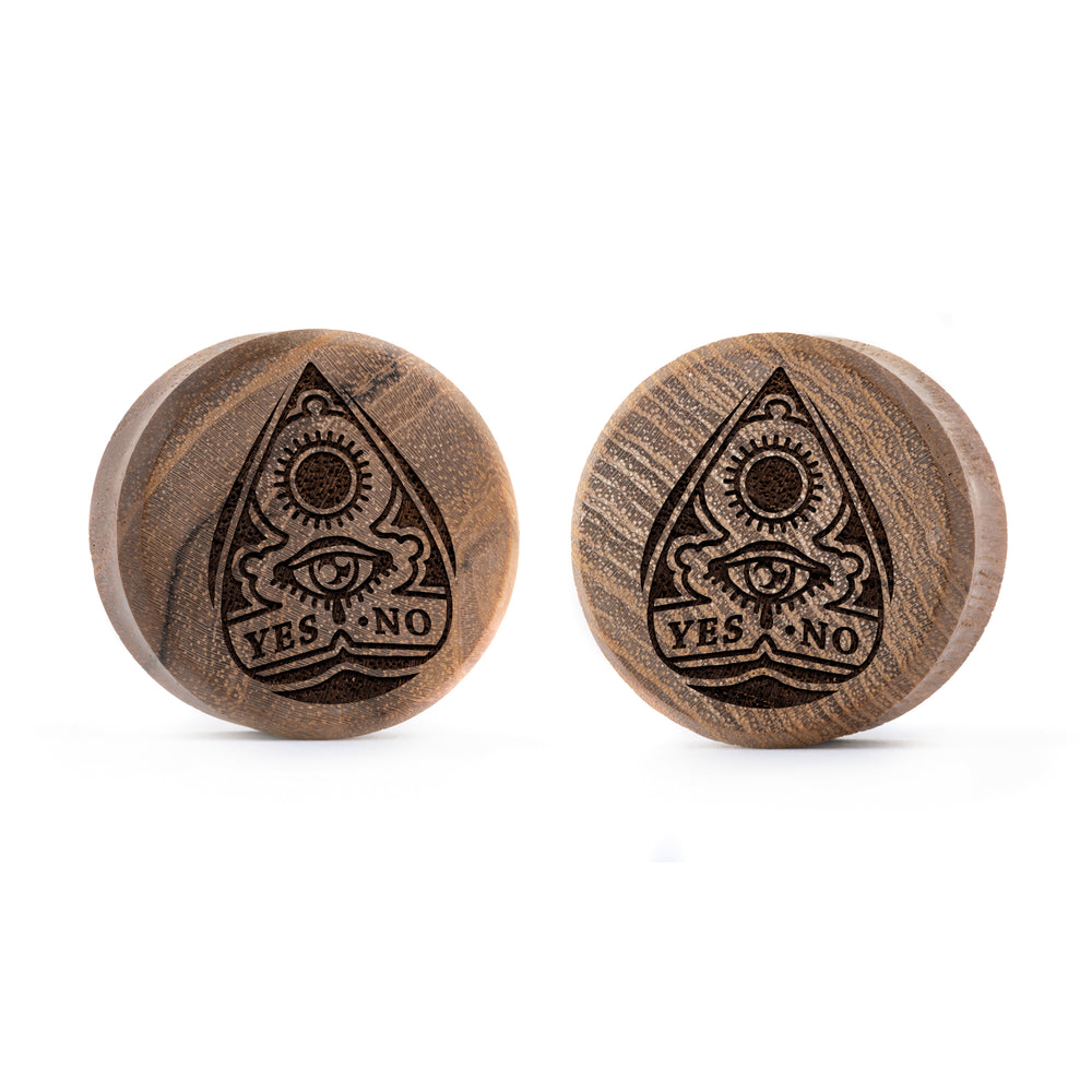 Ouija Planchette Plug / Gauge - Teak Wood | Flat Faced Double Flare - Lasered To Order In House At Custom Plugs HQ