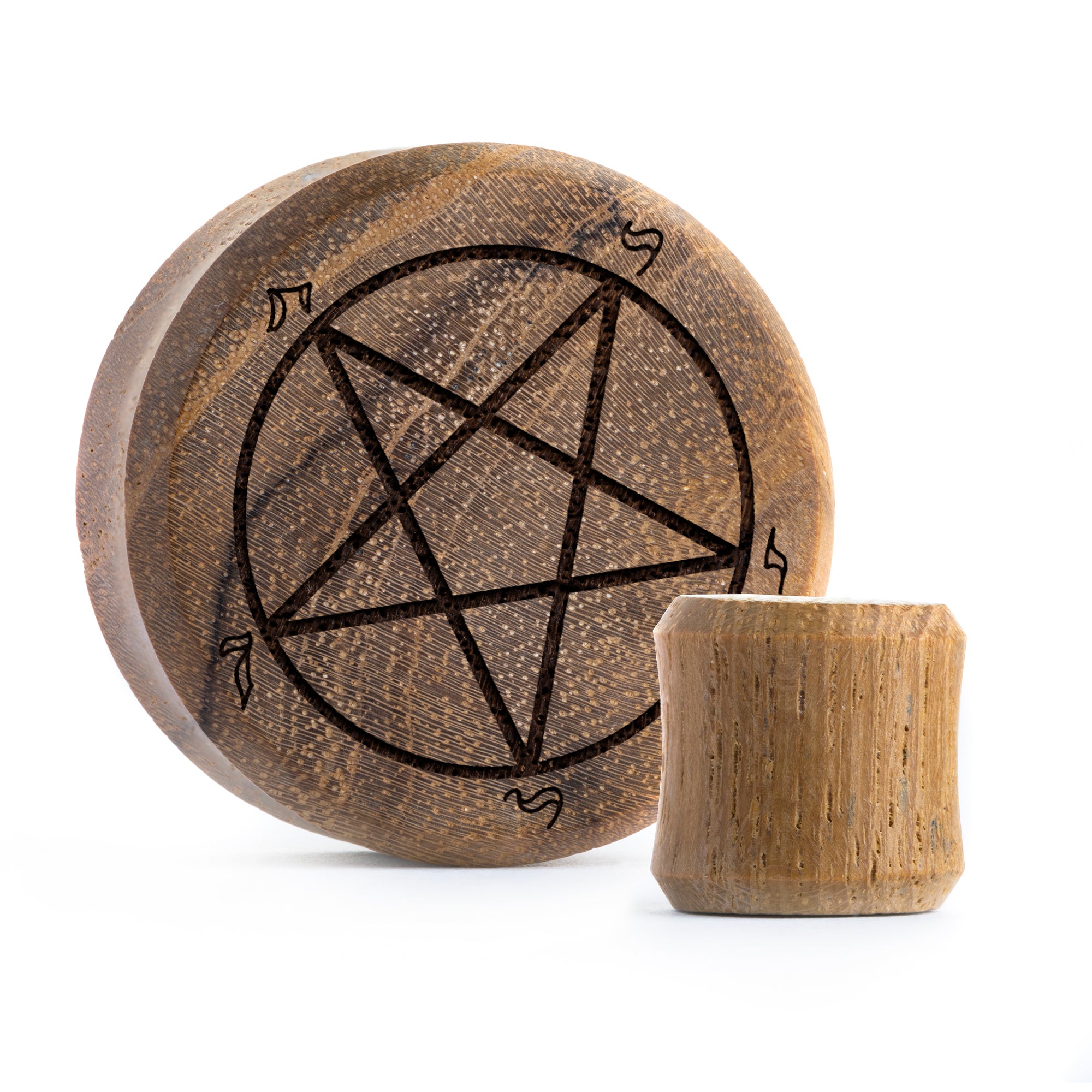 Pentagram Plug / Gauge - Teak Wood | Flat Faced Double Flare - Lasered To Order In House At Custom Plugs HQ