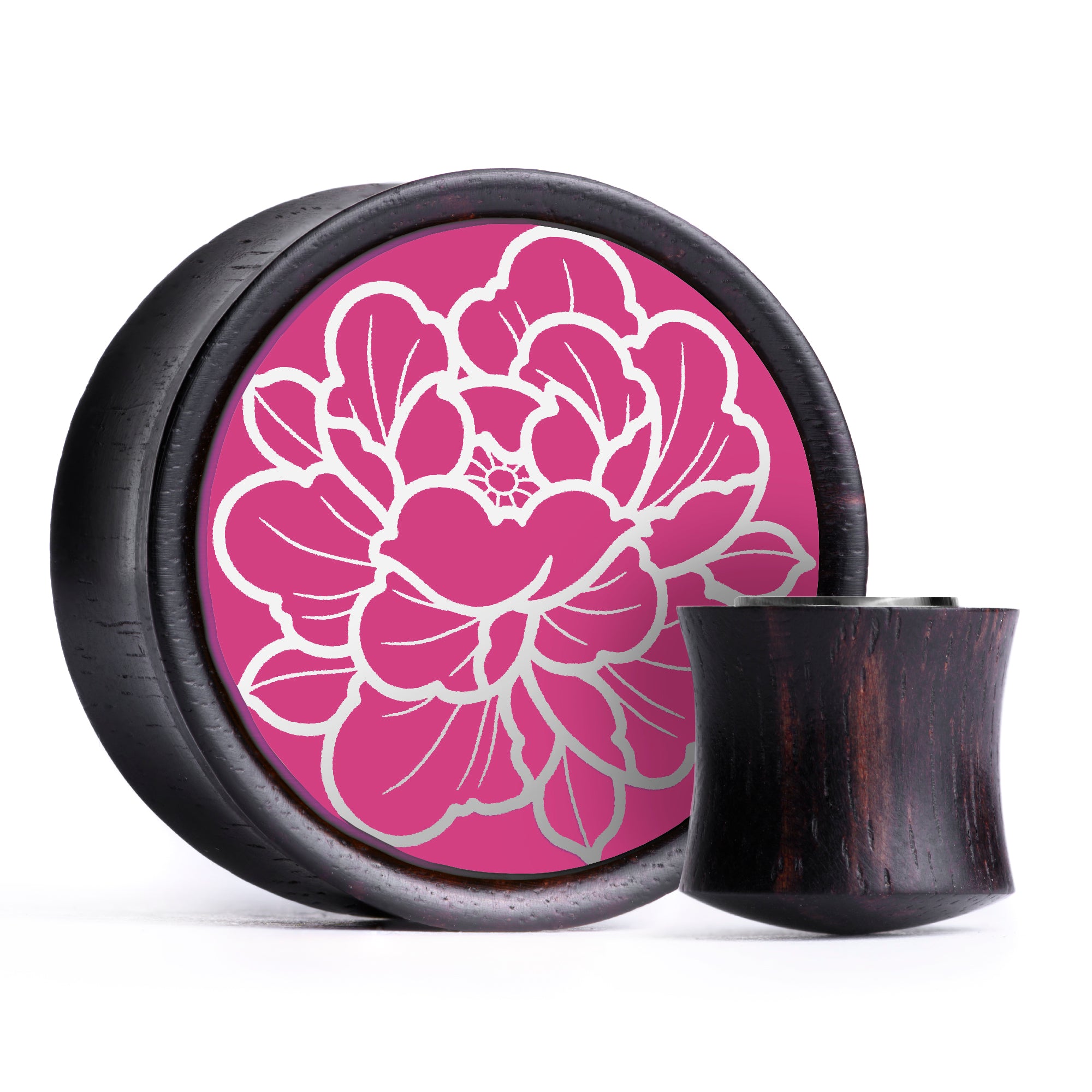 Peony Plug / Gauge - Pink & White Inlay Ebony Wood | Convex Double Flare