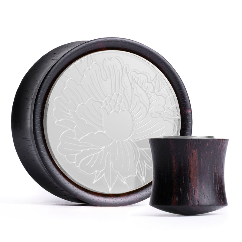 Plug / Gauge Pivoine - Bois d'ébène incrusté argent | Convexe double évasé