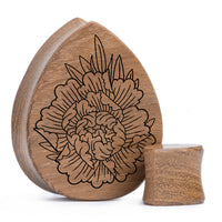 Plug / Gauge Pivoine - Goutte en bois de teck | Face plate double évasé