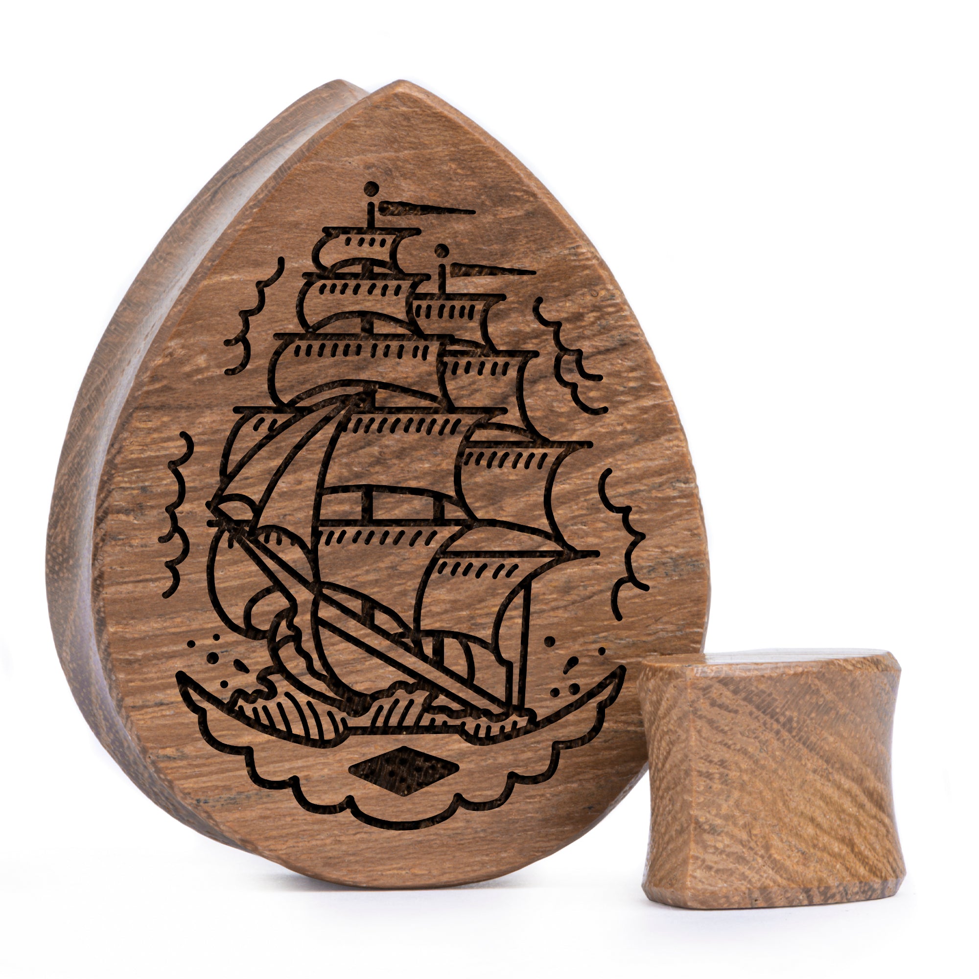 Piratenschiff -Plug / gauge - Teak -Teakholzholz | Doppelaufgeweitet mit flachem Gesicht