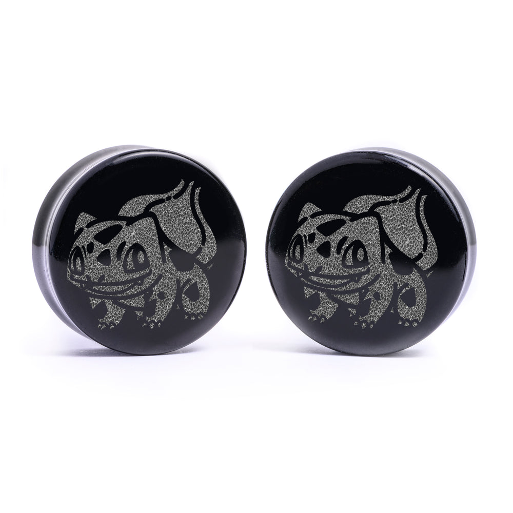 Bulbasaur Plug / Gauge - Black Glass | Flat Faced Double Flare - Lasered To Order In House At Custom Plugs HQ