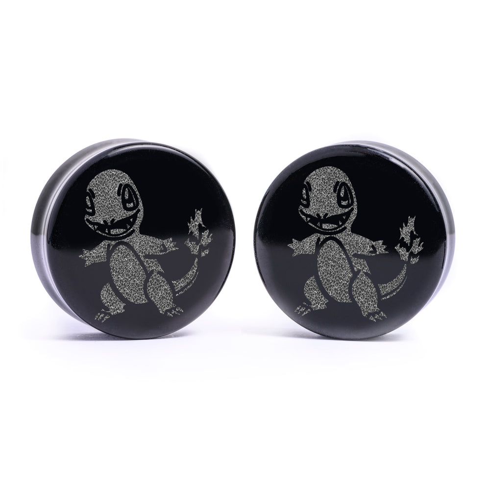 Charmander Plug / Gauge - Black Glass | Flat Faced Double Flare - Lasered To Order In House At Custom Plugs HQ