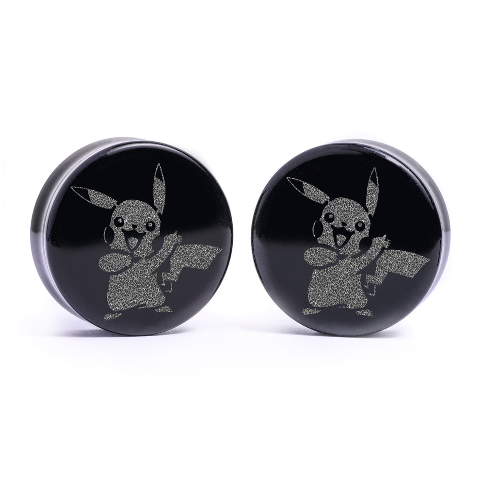 Pikachu Plug / Gauge - Black Glass | Flat Faced Double Flare - Lasered To Order In House At Custom Plugs HQ