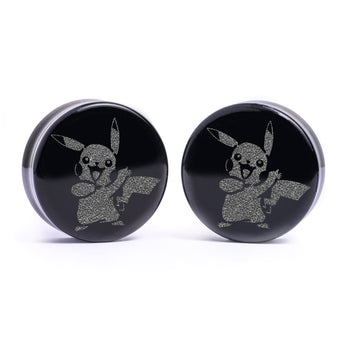 Pikachu Plug / Gauge - Yellow & Black Inlay Ebony Wood | Convex Double Flare