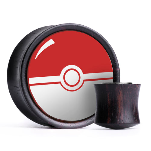 Pokeball Plug / Gauge - White & Red Inlay Ebony Wood | Convex Double Flare