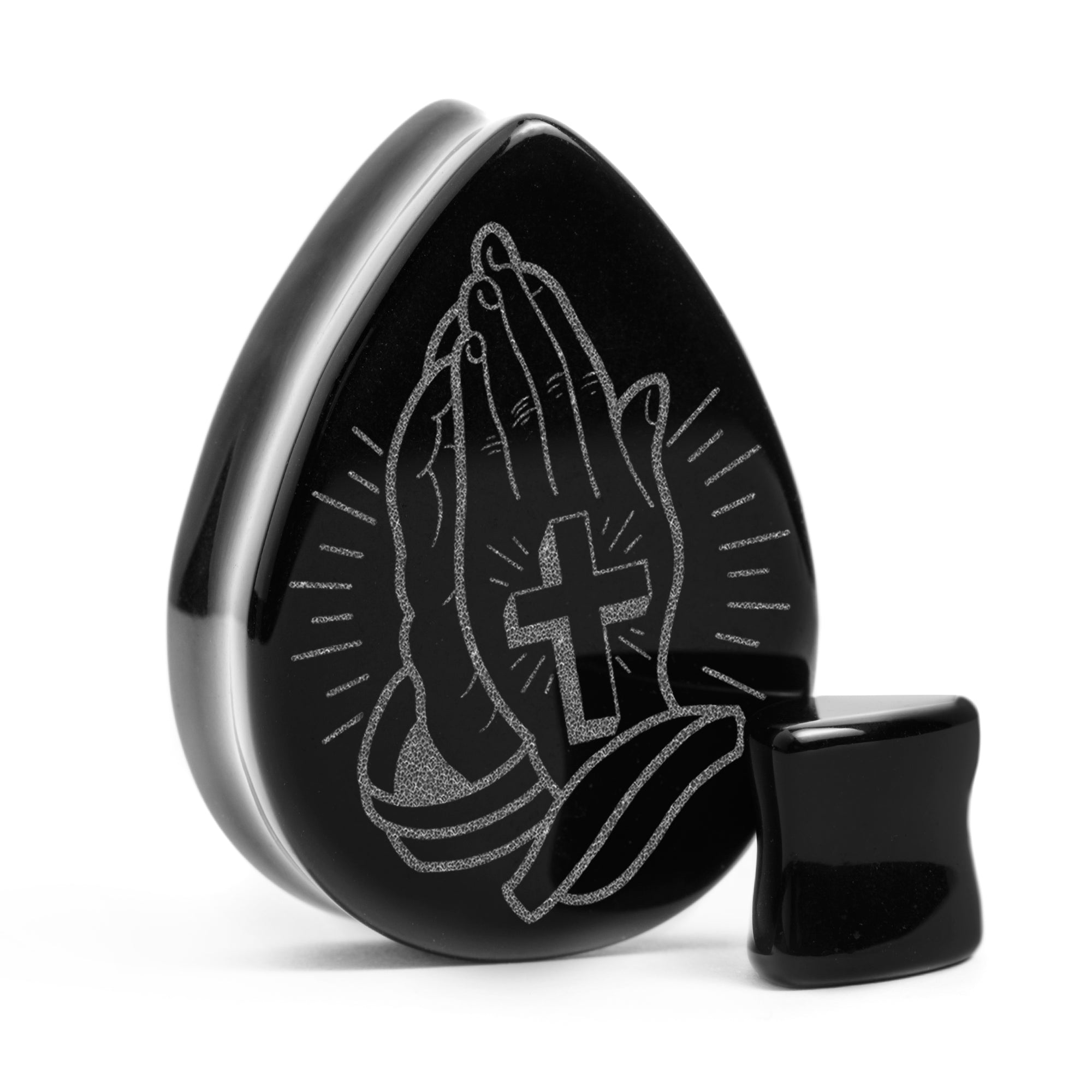 Praying Hands Plug / Gauge - Teardrop Black Glass | Flat Faced Double Flare