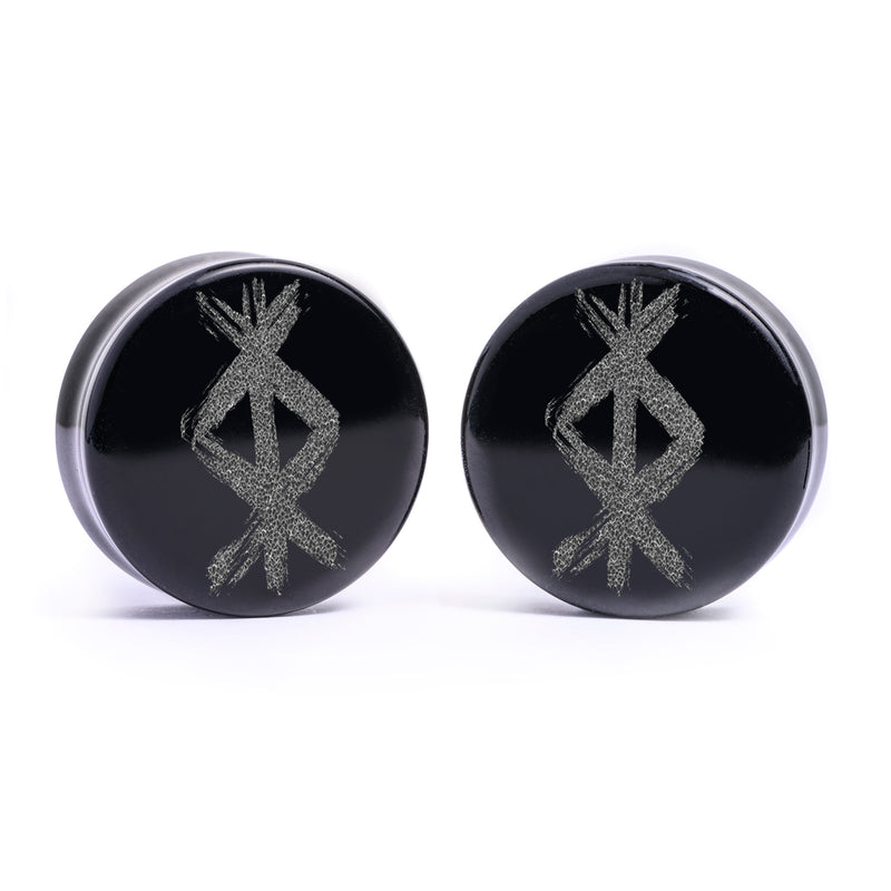 Plug / Gauge Rune de protection viking - Verre noir | Face plate double évasé