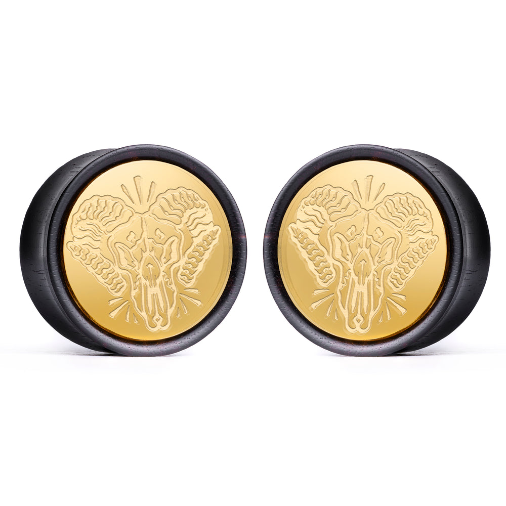 Ram Schädel Plug / gauge - Gold Inlay Ebony Wood | Konvexe Doppelaufgeweitet
