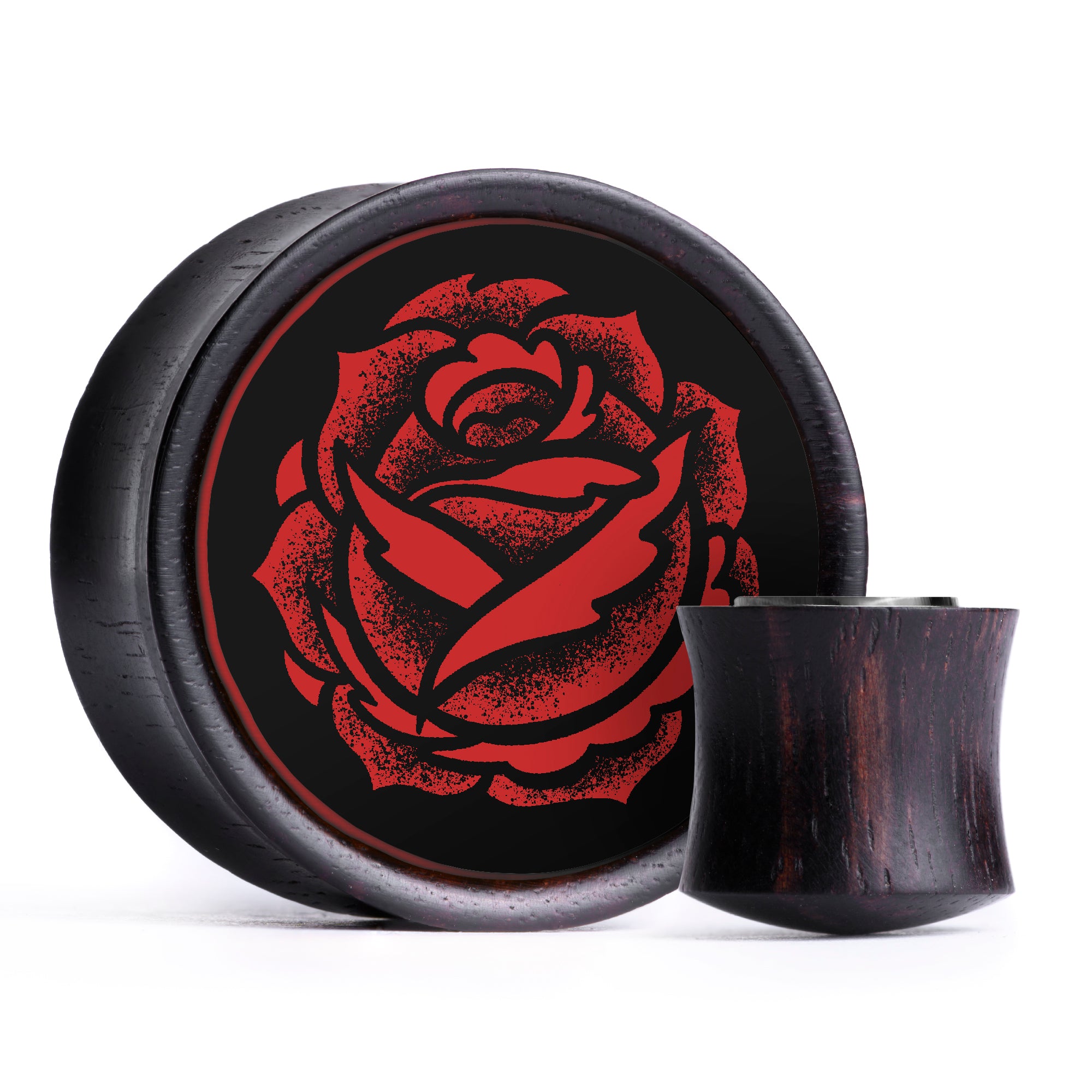 Rose Plug / Gauge - Black & Red Inlay Ebony Wood | Convex Double Flare