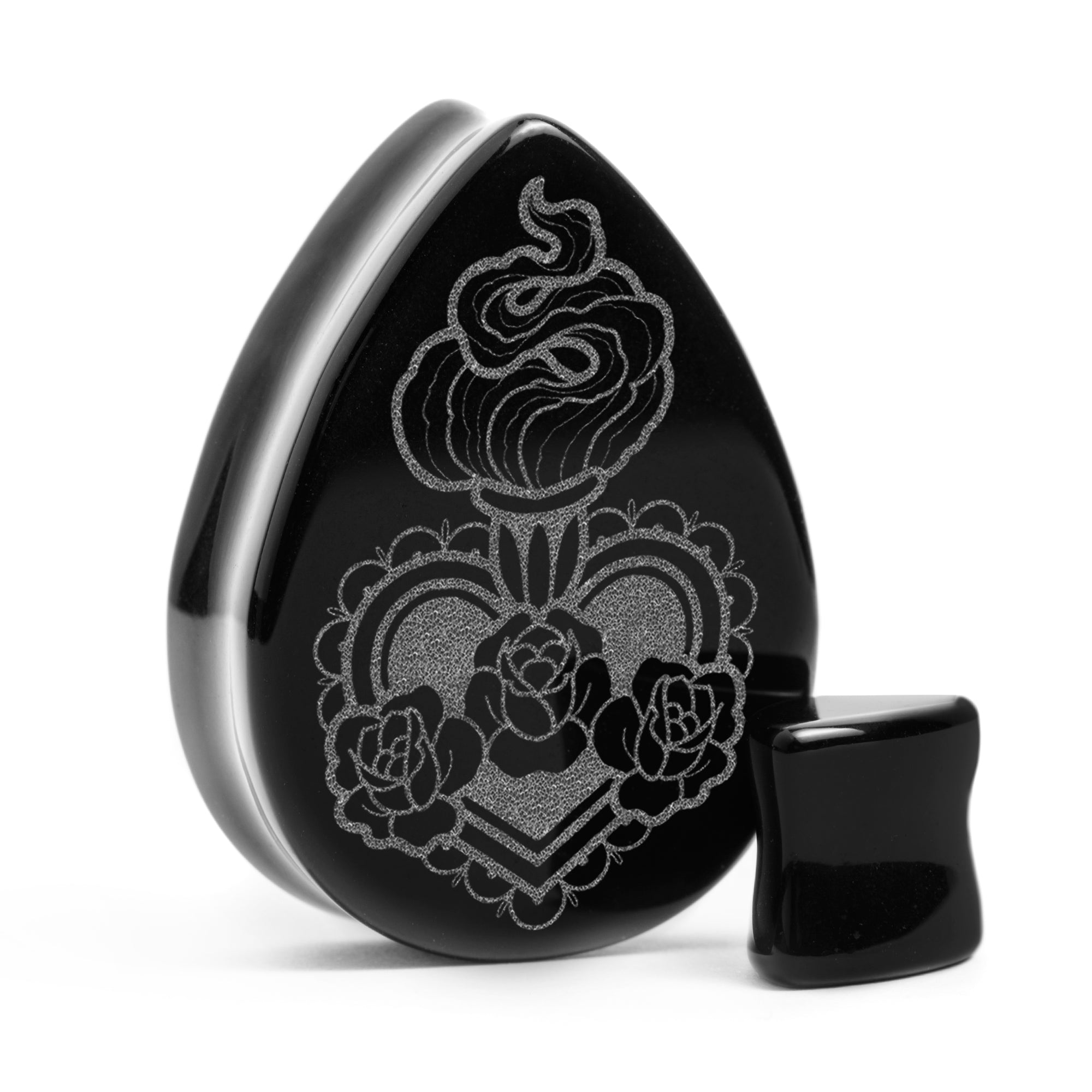 Sacred Heart Plug / Gauge - Teardrop Black Glass | Flat Faced Double Flare