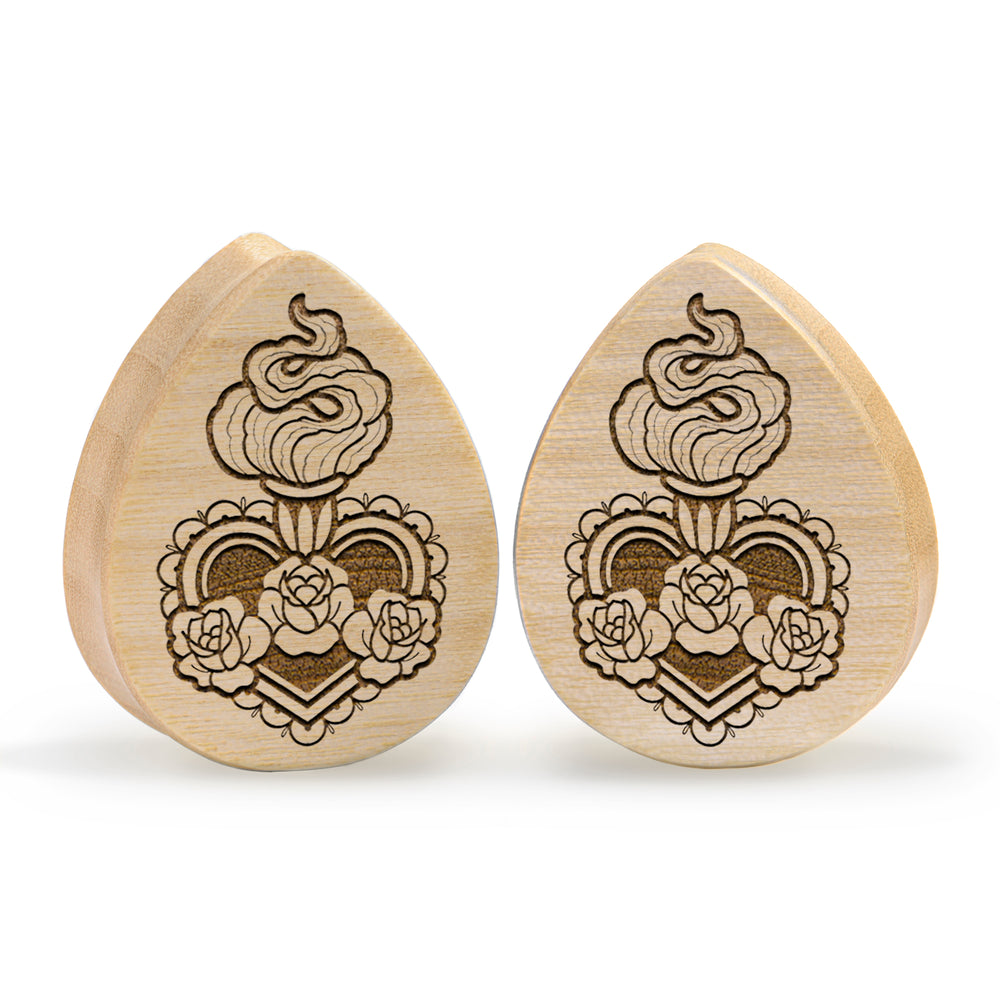 Sacred Heart Plug / Gauge - Teardrop Crocodile Wood | Flat Faced Double Flare - Lasered To Order In House At Custom Plugs HQ