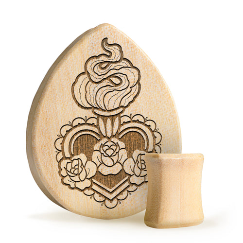 Sacred Heart Plug / Gauge - Teardrop Crocodile Wood | Flat Faced Double Flare
