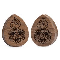 Plug / Gauge Cœur sacré - Goutte en bois de teck | Face plate double évasé