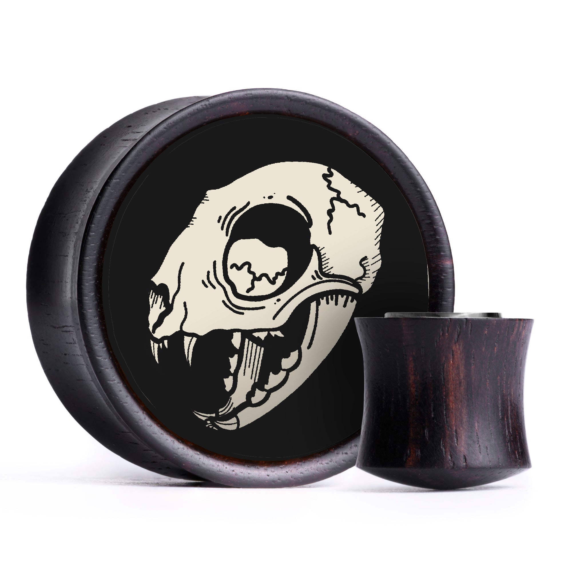 Salem Cat Skull Plug / Gauge - Ivory & Black Inlay Ebony Wood | Convex Double Flare