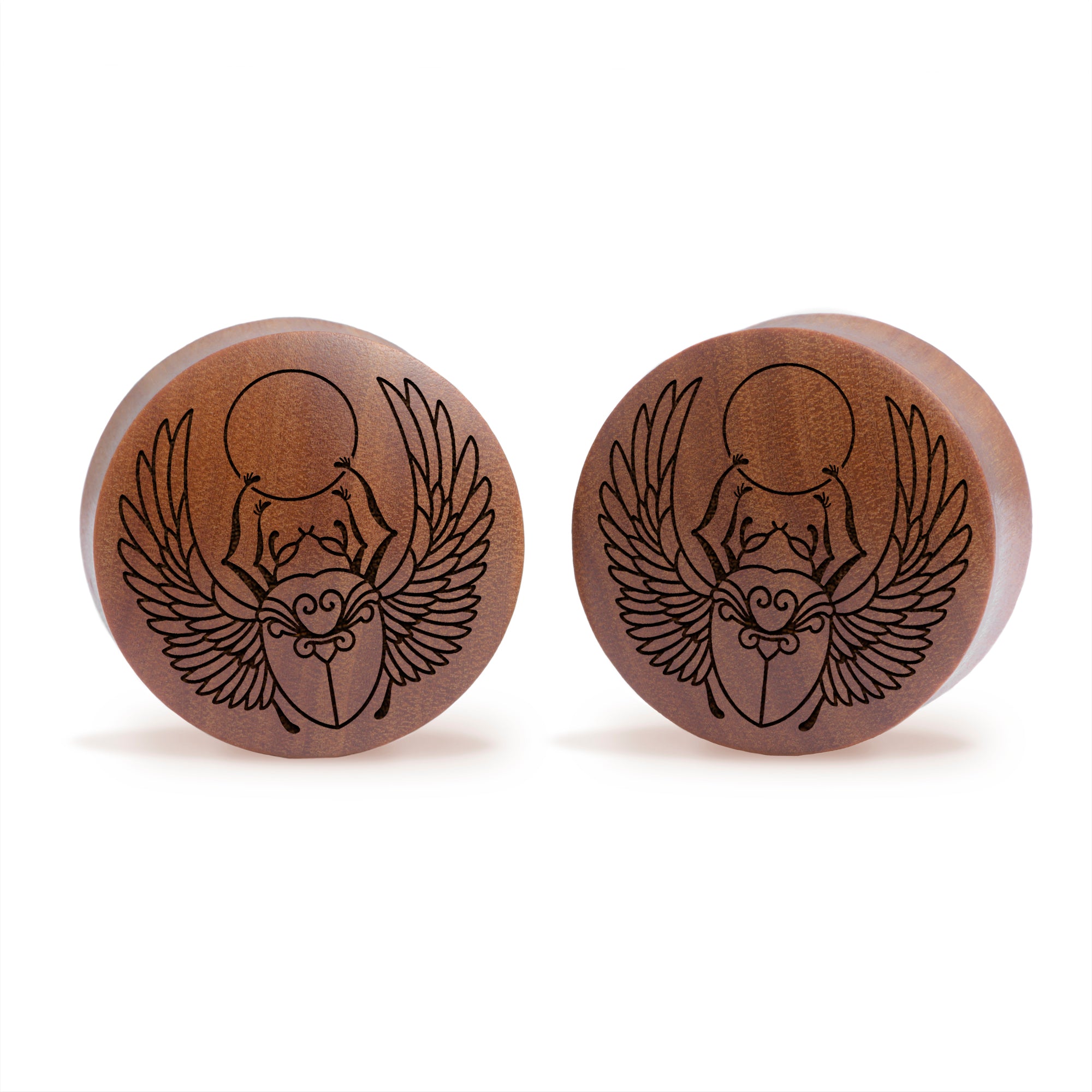 Alternative Tattooed man wearing custom made Sacrificial Lamb Plug / Gauge - Saba Wood | Flat Faced Double Flare