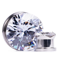Silver Clear Diamond Screwback Steel Ear Stretching Plug / Gauge