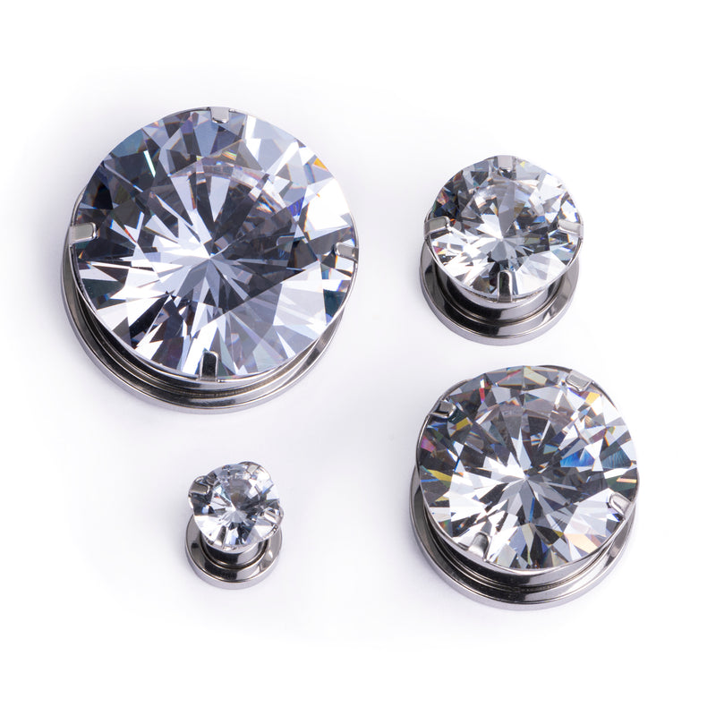 Silver Clear Diamond Screwback Steel Ear Stretching Plug / Gauge