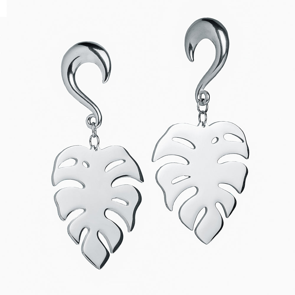 Silver Monstera Leaf Earring Hangers (Pair) - Pair of Gold & Stone Ear Weights