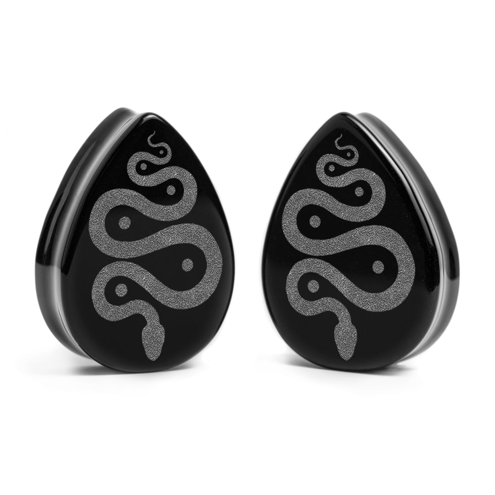 Snake Plug / Gauge - Teardrop Black Glass | Flat Faced Double Flare - Lasered To Order In House At Custom Plugs HQ