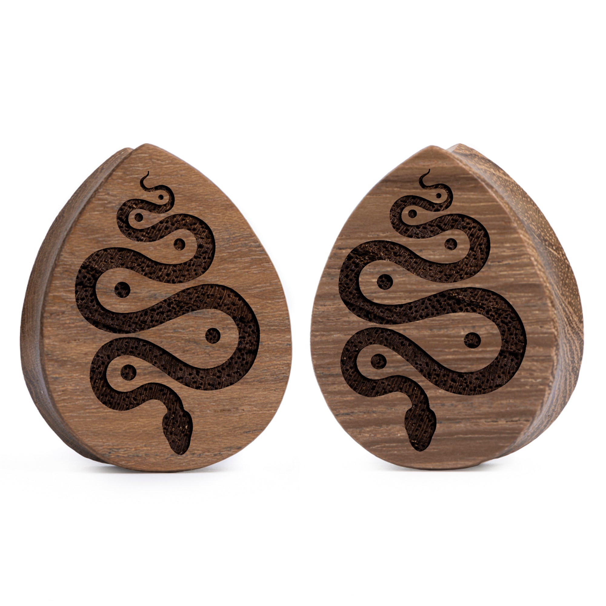 Alternative Tattooed man wearing custom made Sacrificial Lamb Plug / Gauge - Saba Wood | Flat Faced Double Flare