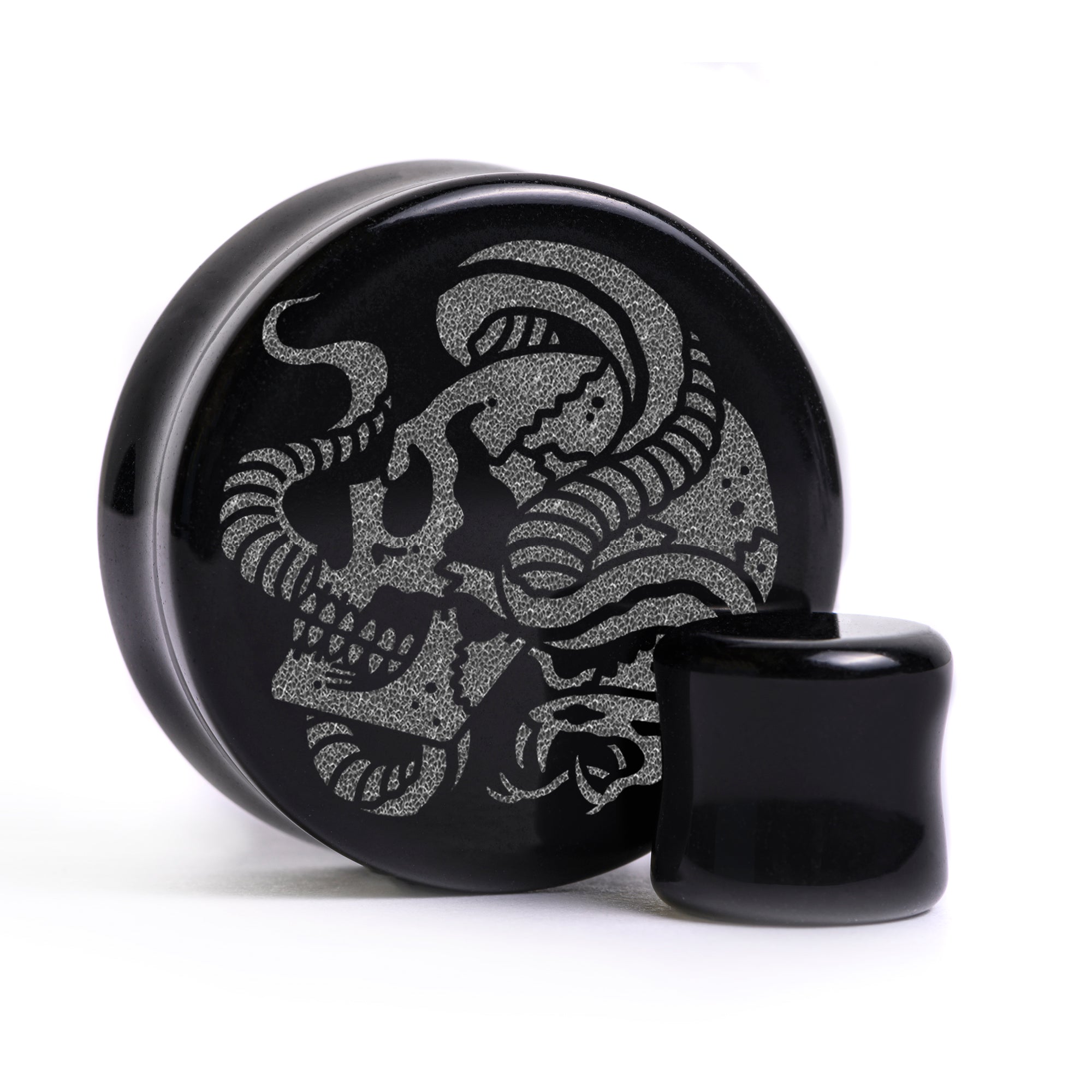 Snake Skull Plug / Gauge - Black Glass | Flat Faced Double Flare
