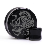 Snake Skull Plug / Gauge - Black Glass | Flat Faced Double Flare