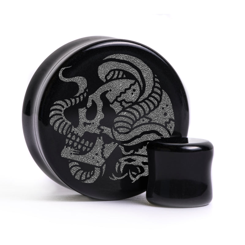 Snake Skull Plug / Gauge - Black Glass | Flat Faced Double Flare