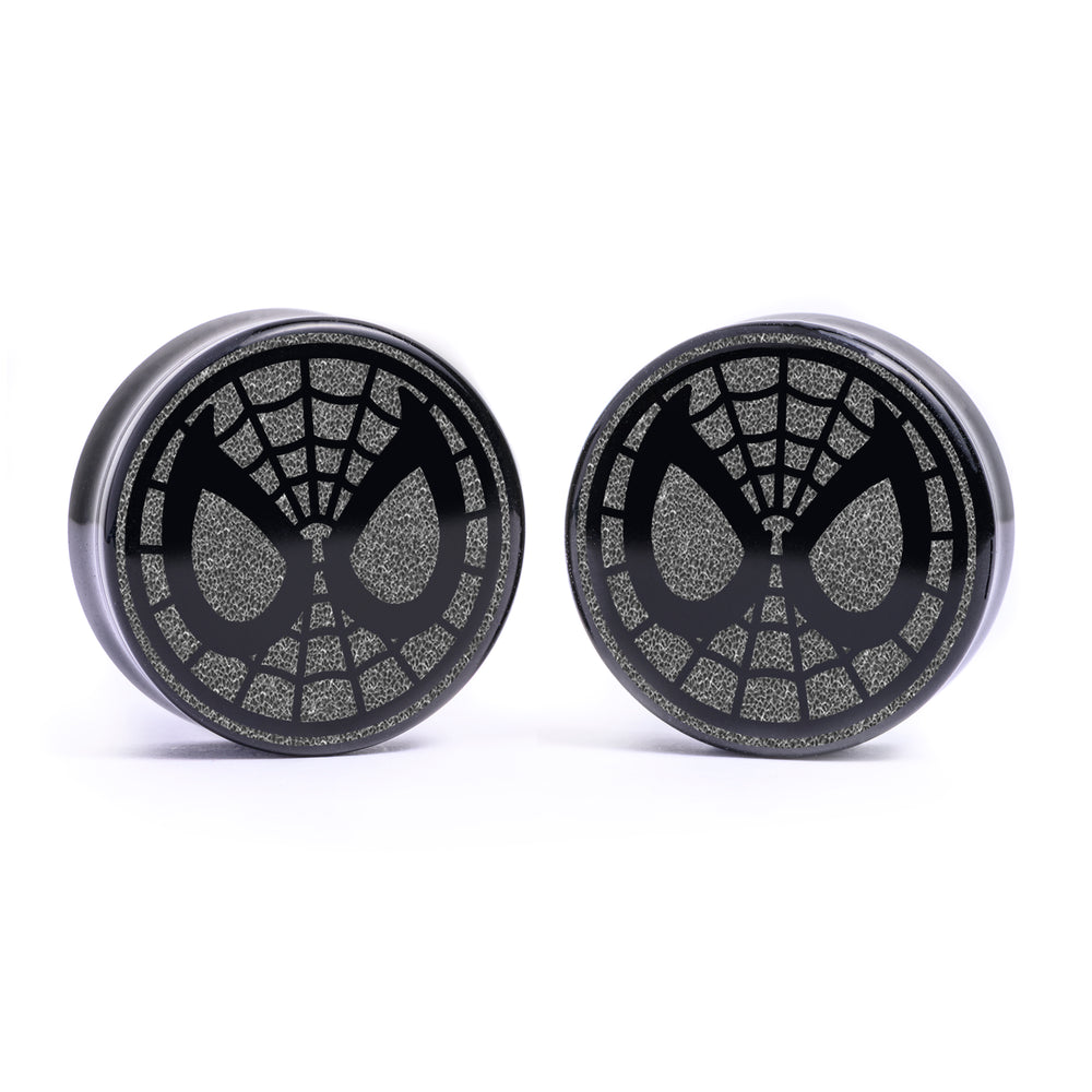 Spiderman Plug / Gauge - Black Glass | Flat Faced Double Flare - Lasered To Order In House At Custom Plugs HQ
